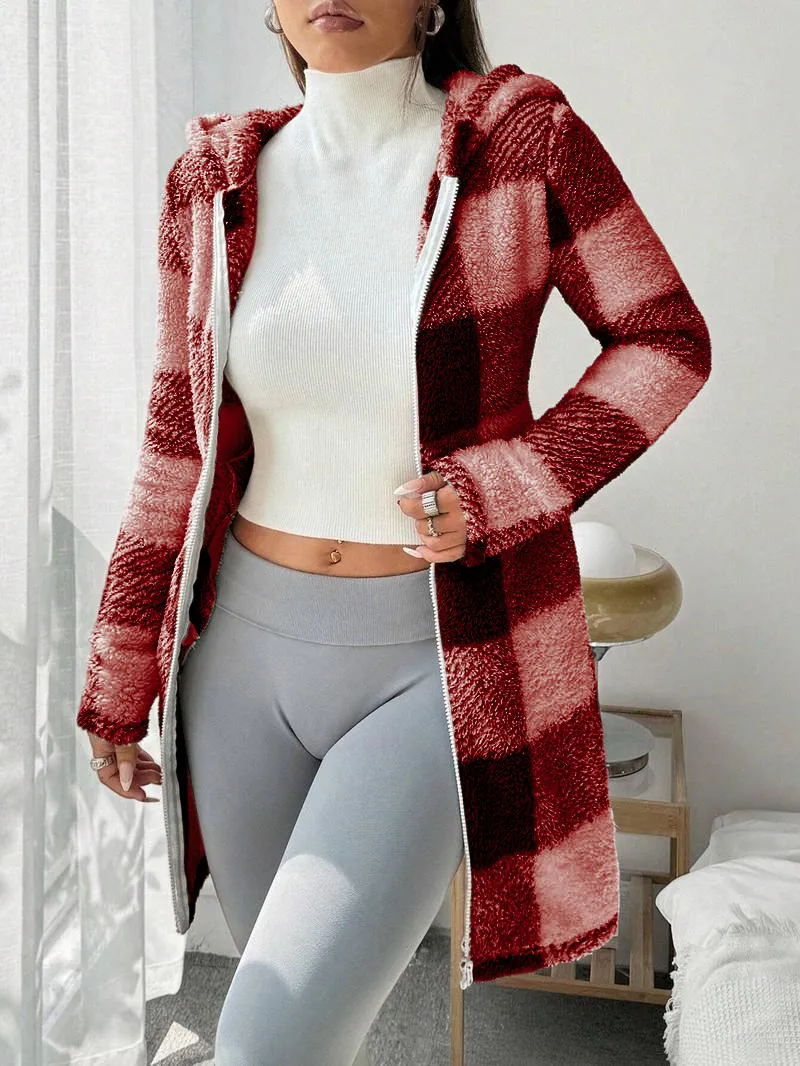 Women's Plaid Fleece Long Sleeve Hooded Coat
