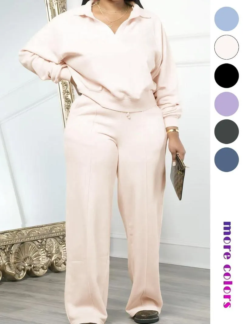 Women's Solid Long Sleeve Sweatshirt & Drawstring Waist Pants Set