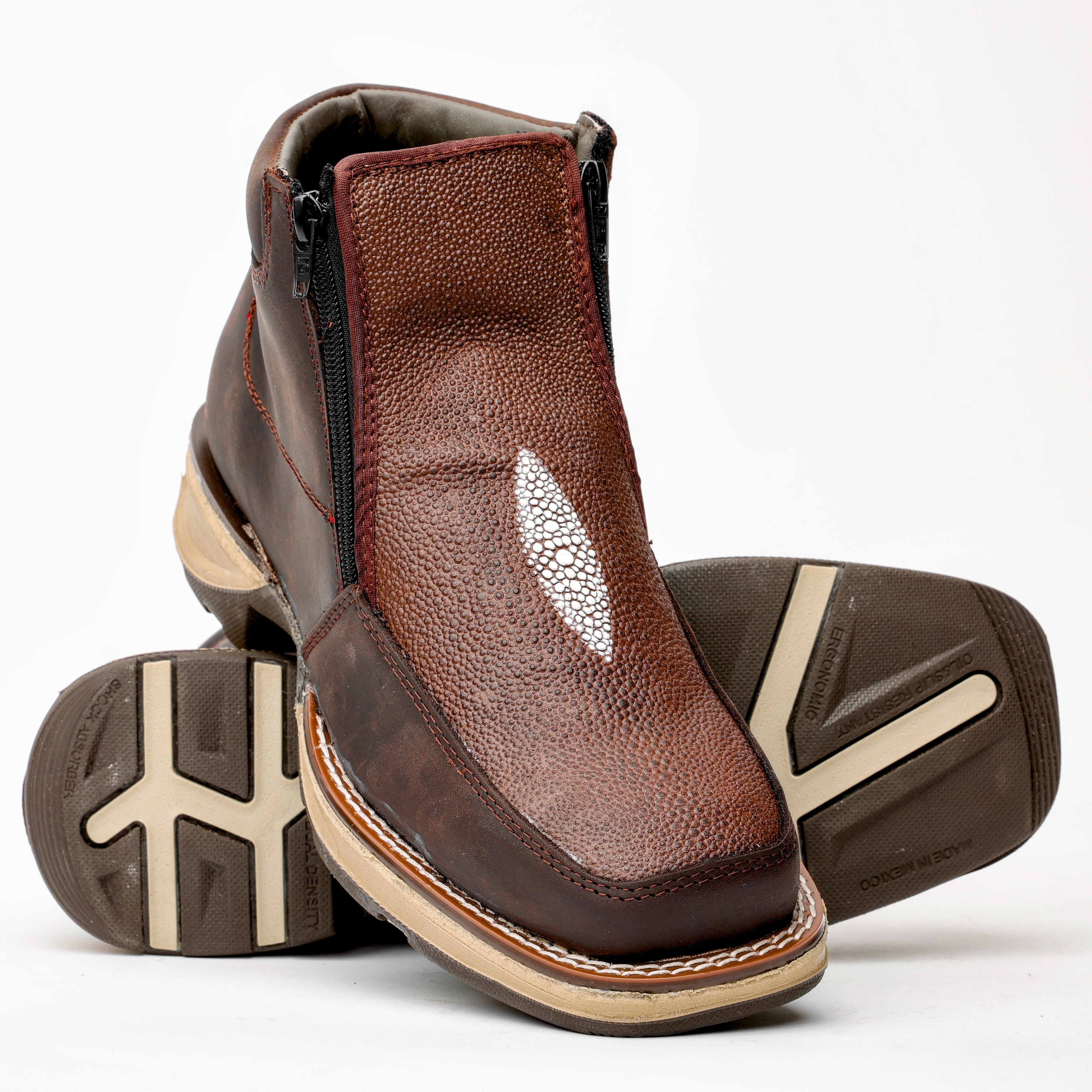 Brown Stingray Leather Botin With 3D Lightweight Soles - Square Toe