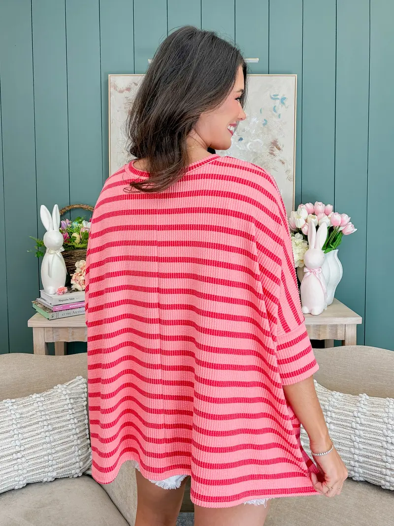 Spring Striped Raised Rib Easy Fit 3/4 Sleeve Top