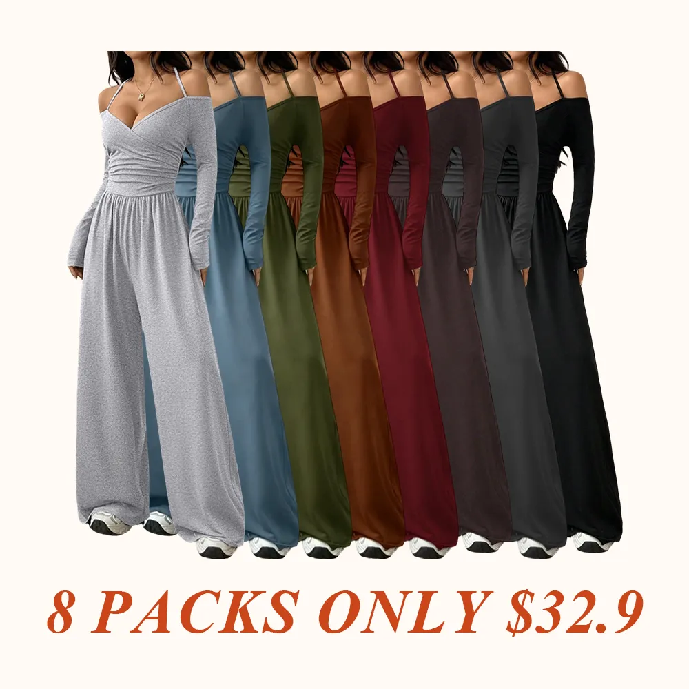 Women's Casual Solid Color Ruched Wide Leg Jumpsuit with Halter-Neck, Stylish and Comfortable Jumpsuit for Daily Wear