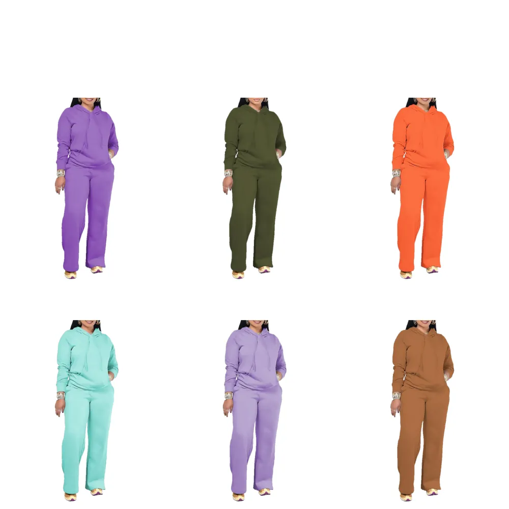 Two-piece women's outfit: Solid-colored drawstring hooded sweatshirt paired with high-waisted trousers