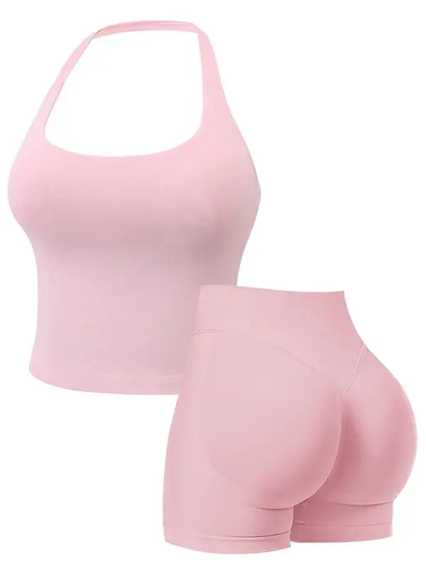 Two-Piece Set Women's Solid Color Halter Top & High Waist Shorts Sports Set