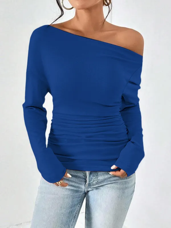 Women's Plain Ruched Asymmetrical Neck Drop Shoulder Tee
