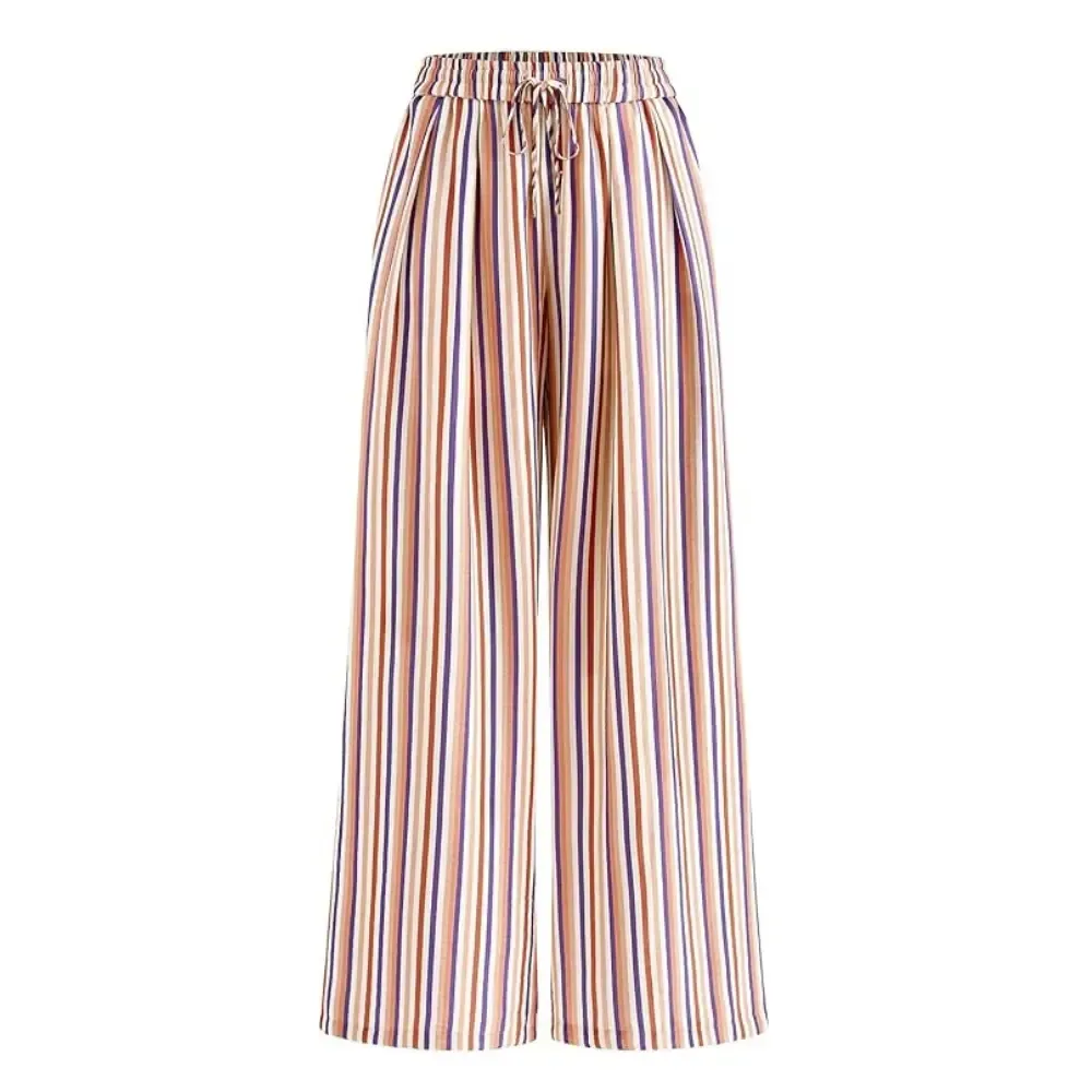 Women's Pants Elastic Waist Striped Lightweight Palazzo Trousers With Pockets Casual Lounge Wide Leg Bottoms
