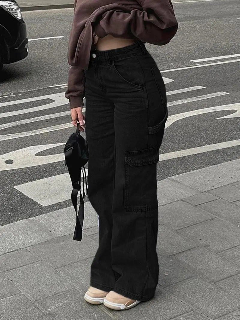 Women's High Waist Cargo Jeans with 6 Pockets, Wide Leg Baggy Denim Pants for Casual Street Style