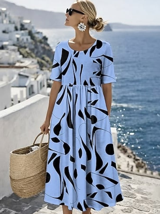 Women's Casual Round Neck Half Sleeve Striped Contrast Print Dress- Fast Shipping