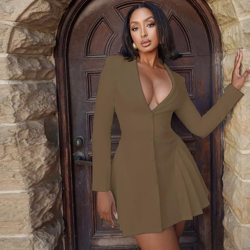 Women's Solid Deep V-Neck Pleated A-Line Dress, Elegant Button Front Long Sleeve Short Dress for Spring & Fall