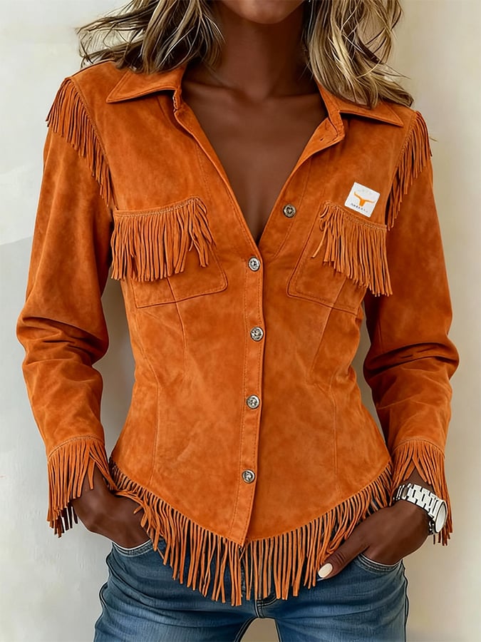Women's Retro V-neck Long-sleeved Tassel Shirt
