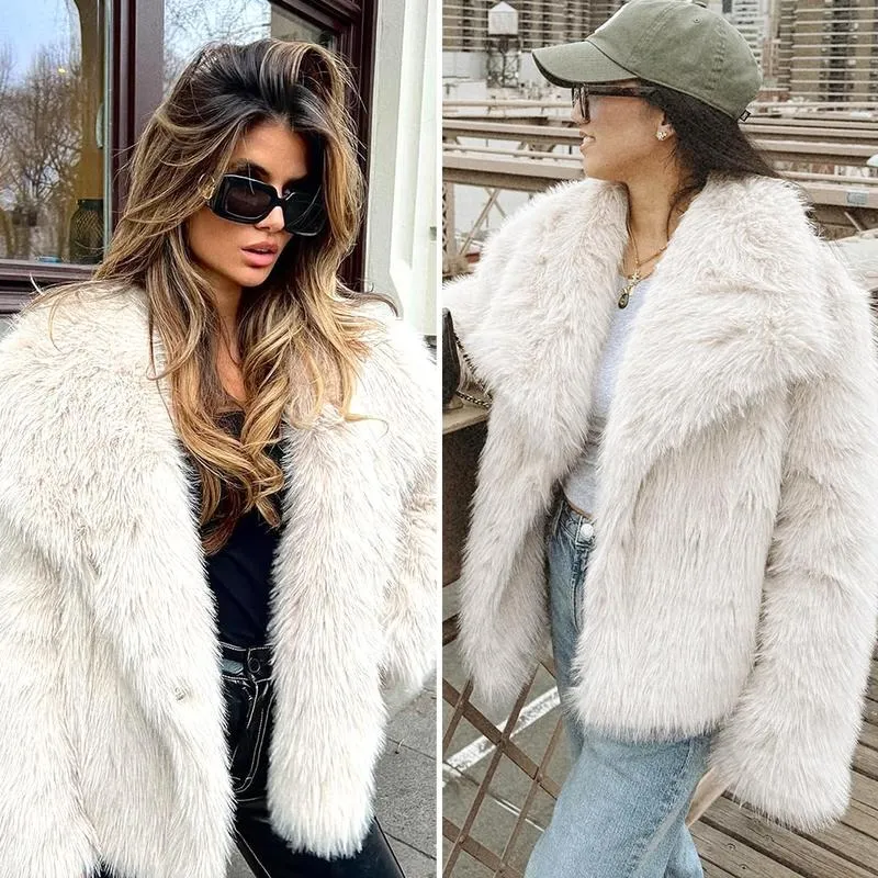 Women's Brown Faux Fur Coat Winter Fluffy Short Jacket