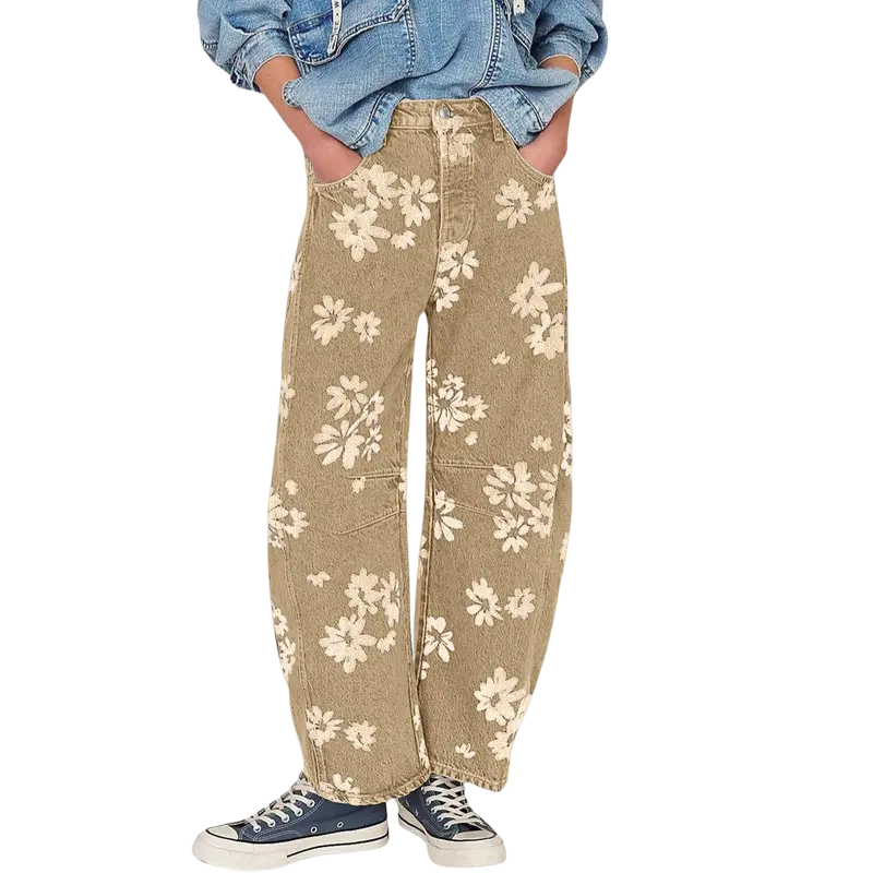 Women's Minimalist Floral Denim Jeans — Y2K Style Loose Wide-Leg Pants
