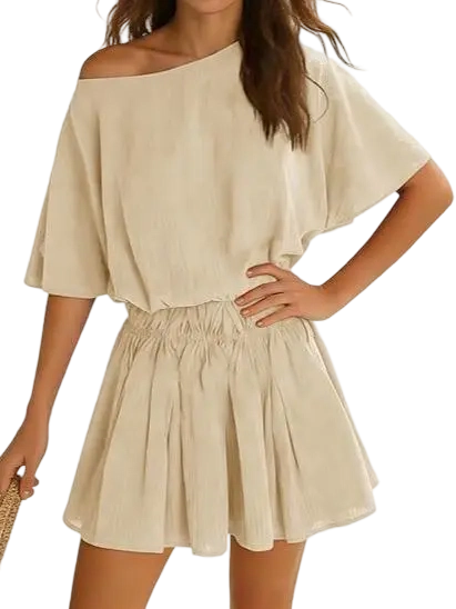 Women’s Casual 2 Piece Outfit Short Sleeve Loose Top and Flowy Mini Skirt Set