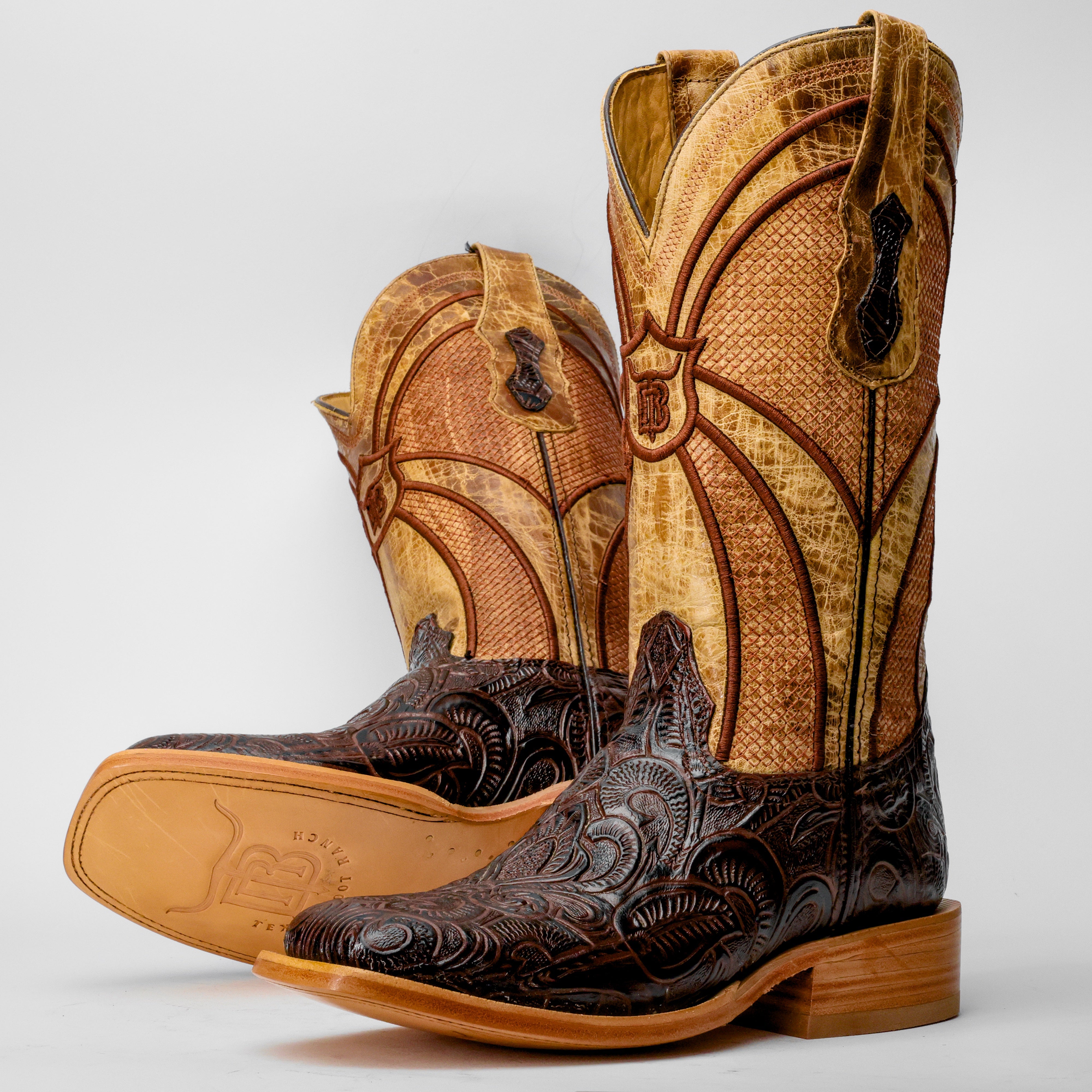 Brown Hand-Tooled Leather Boots - Square Toe
