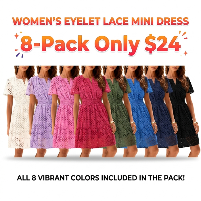 Women’s Eyelet Lace A-Line Summer Dress – V-Neck Ruffle Casual Mini Dress