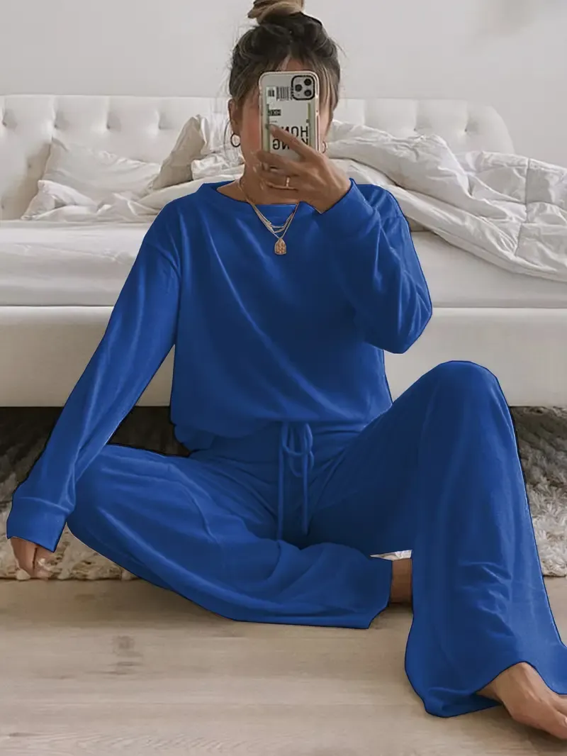Women's Solid Casual Lounge Set, Long Sleeve Round Neck Top & Elastic Drawstring Pants, Comfortable Relaxed Fit For Fall