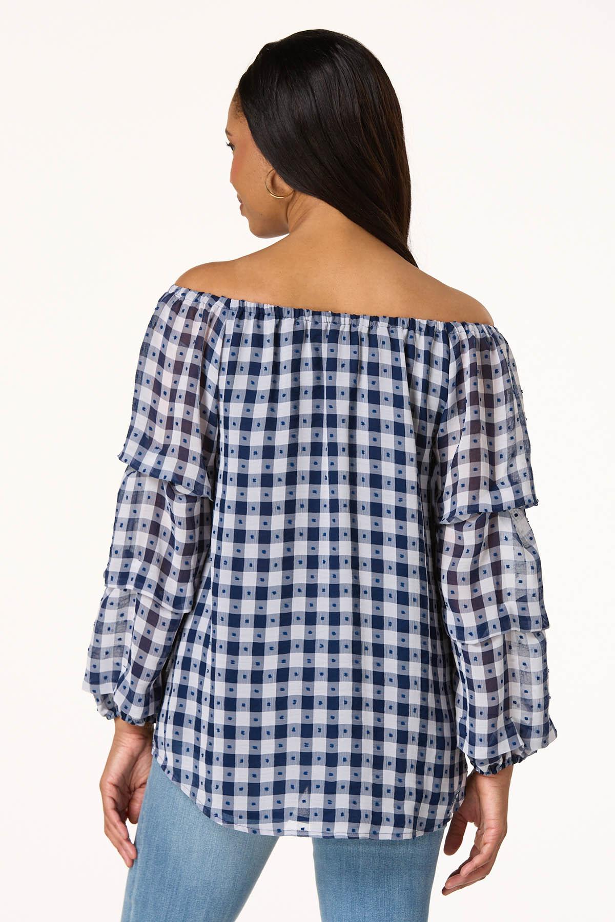 Blue Gingham Off Shoulder Top