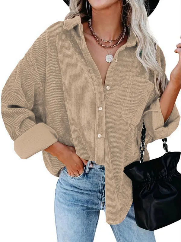 Women's Plain Pocket Button Front Corduroy Shirt