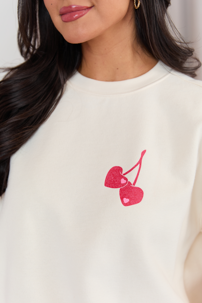 I Love You Cherry Much Cream Graphic Sweatshirt