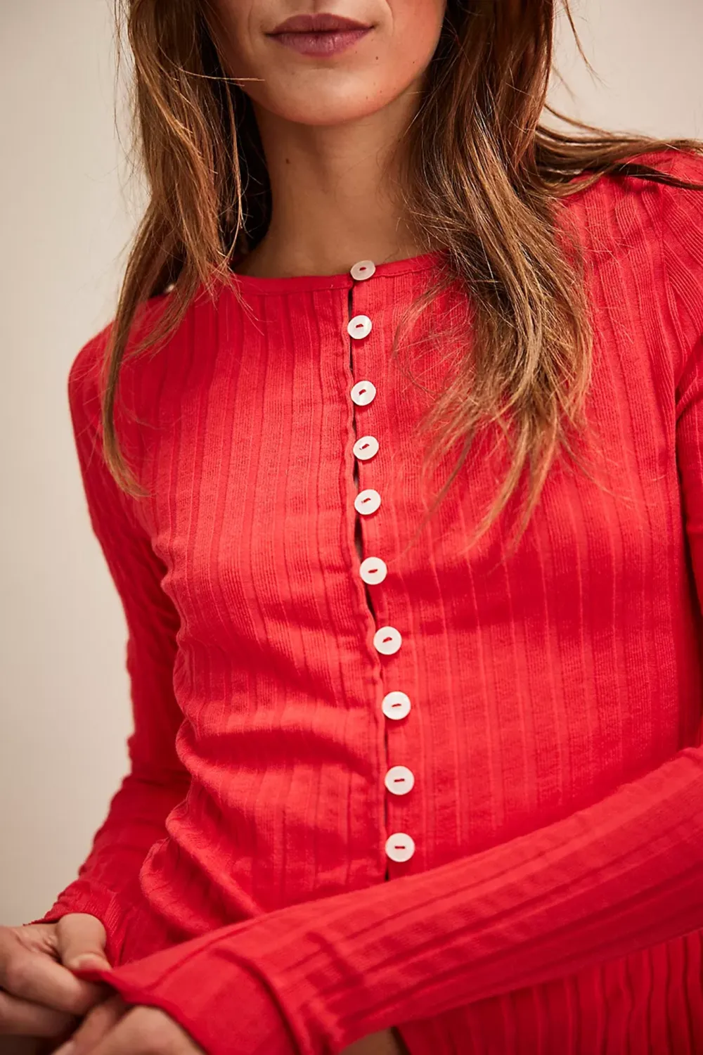 Ribbed Button Front Long Sleeve Top