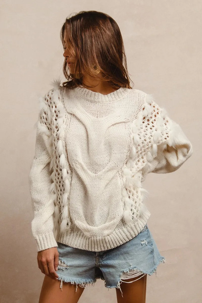 Faux Fur Detailed Pointelle Cable Knit Sweater