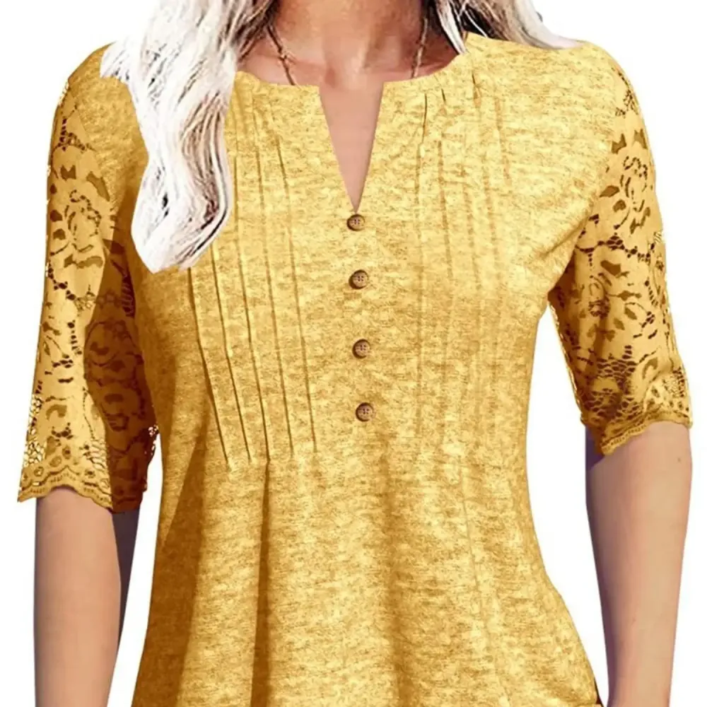 Women's Lace Sleeve Summer T-Shirt V-Neck Botton Up Basic Solid Color Casual Tunic Tops