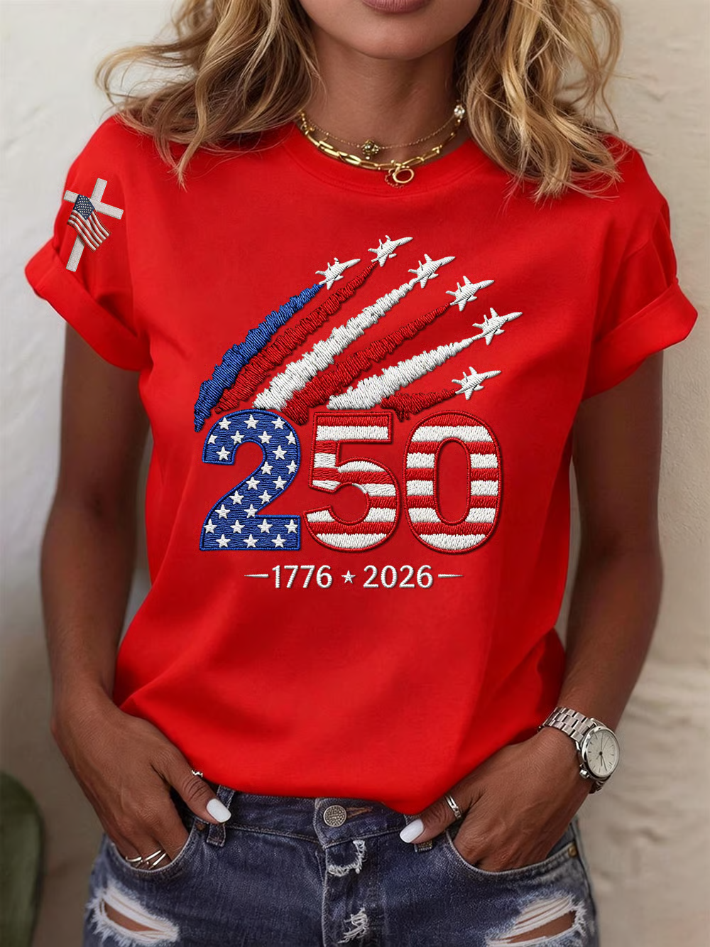 Women’s USA 250th Anniversary Embroidered Print Crew Neck Short Sleeve T-Shirt