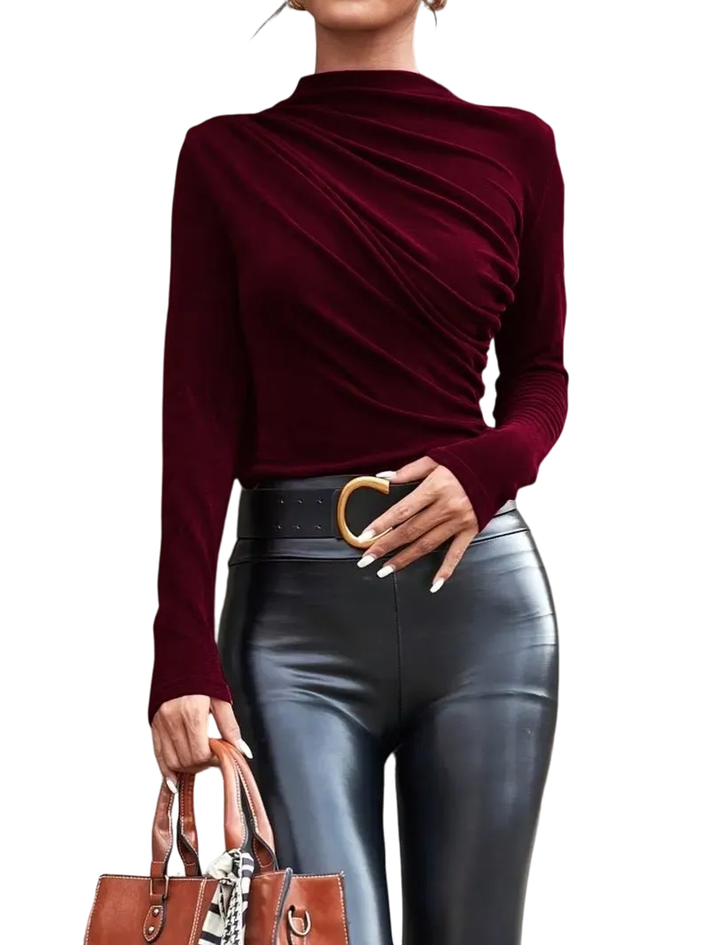 Women's solid color pleated turtleneck T-shirt