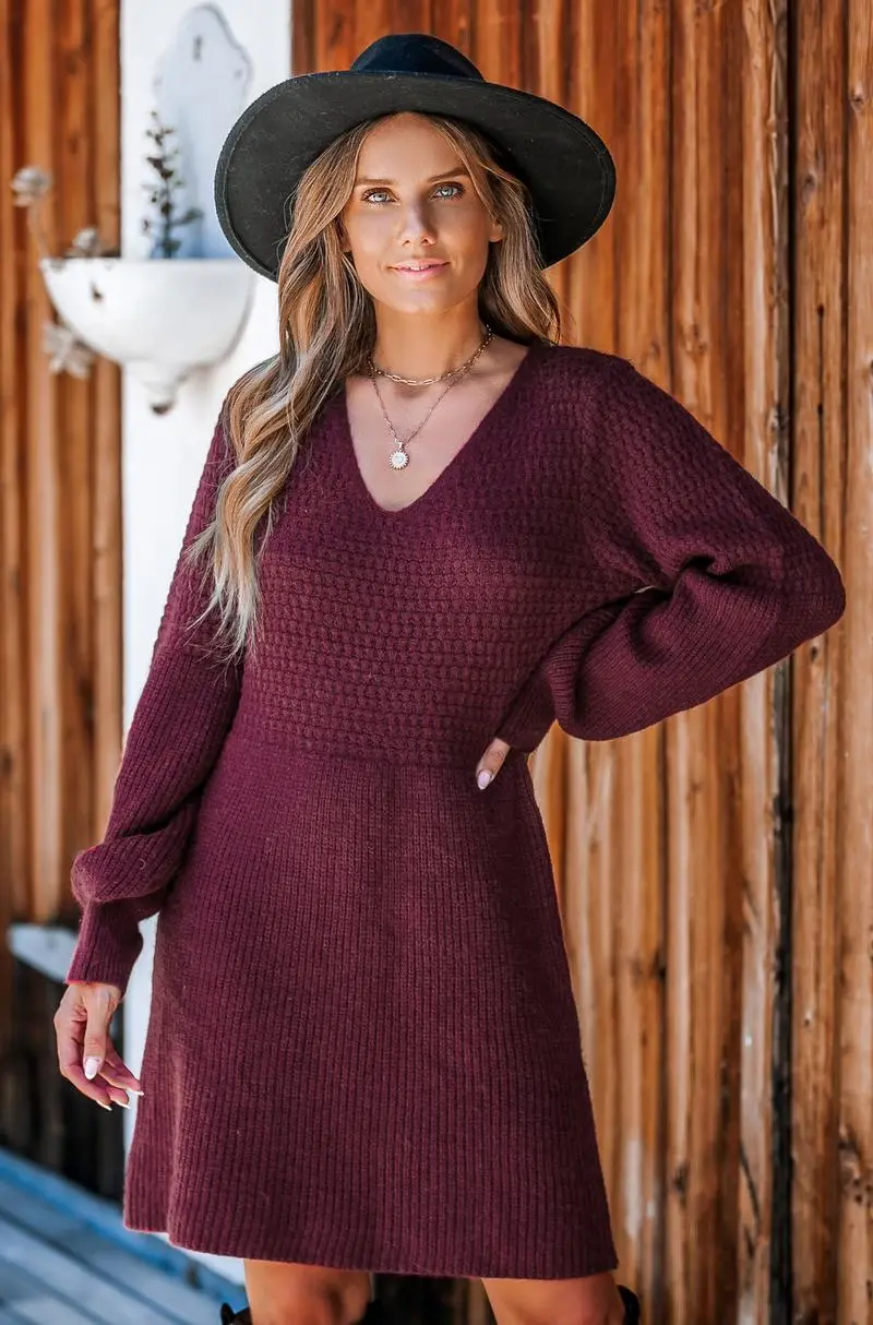 Women's Casual Sweater Dress V Neck Honeycomb Long Sleeve Textured Knit Pullover Dresses