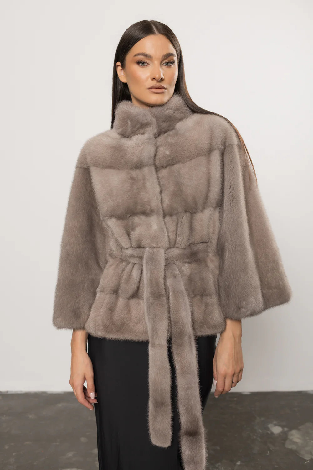 Haină din Blană Naturală de Vizon, cu Cordon, Femei, Silver Blue 406