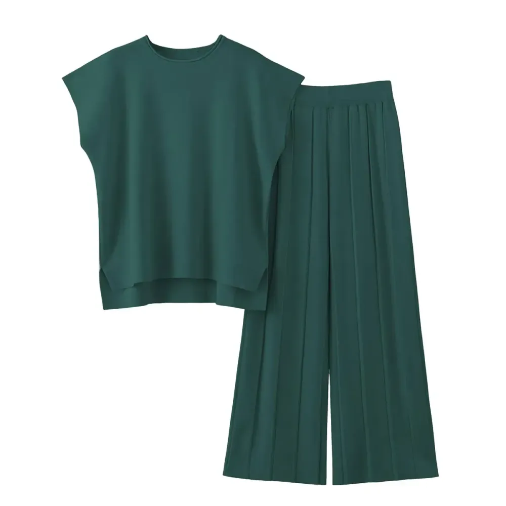 Lounge Sets for Women Two Piece Outfits Knit Cap Sleeve Tops Wide Leg Pleated Pants Casual Dressy Sweater Sets
