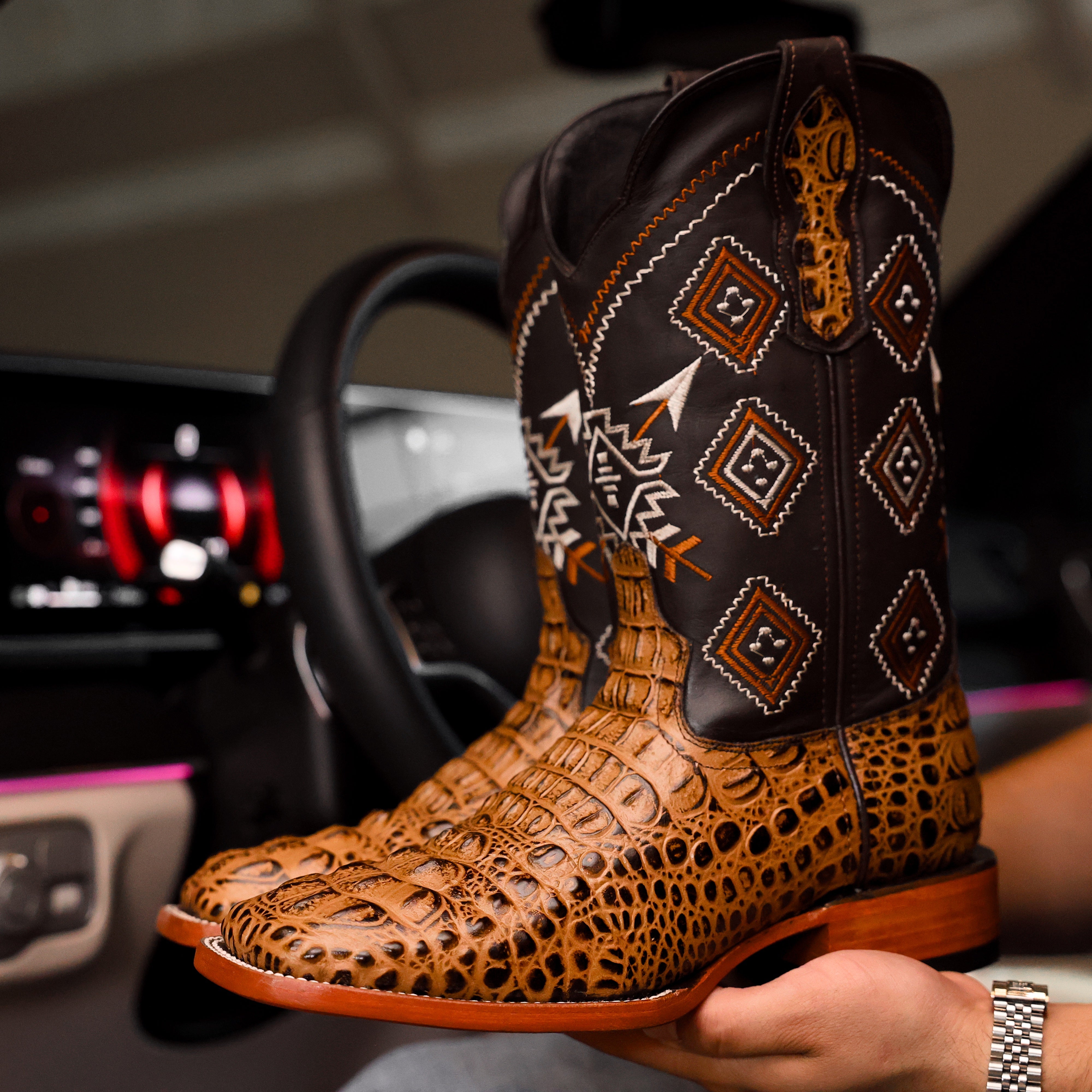 Honey Caiman Neck Leather Boots - Square Toe