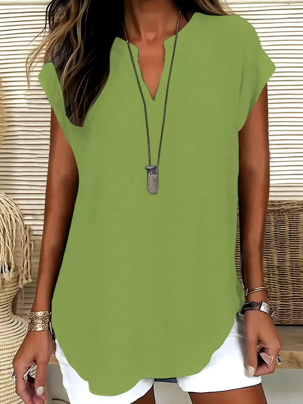 Women's Plain Notched Neck Blouse, Casual Elegant Basic Top for Summer