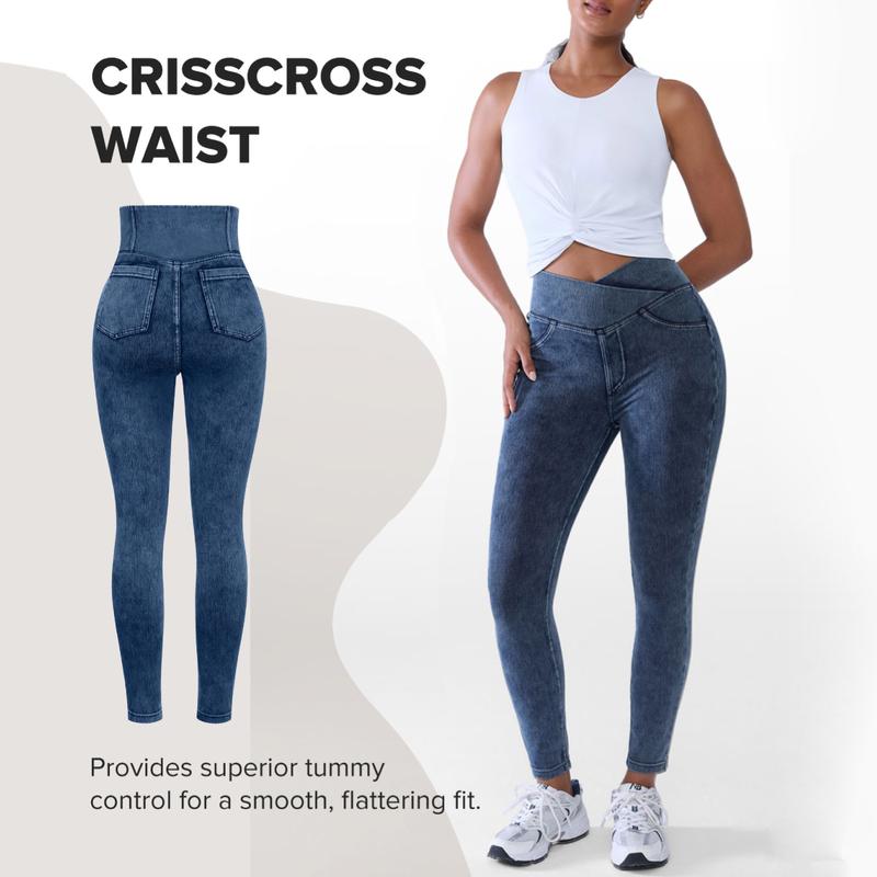 🔥Women’s High-Waisted Bootcut Flare Jeans – Crossover Waist, Stretch Denim & Back Pockets