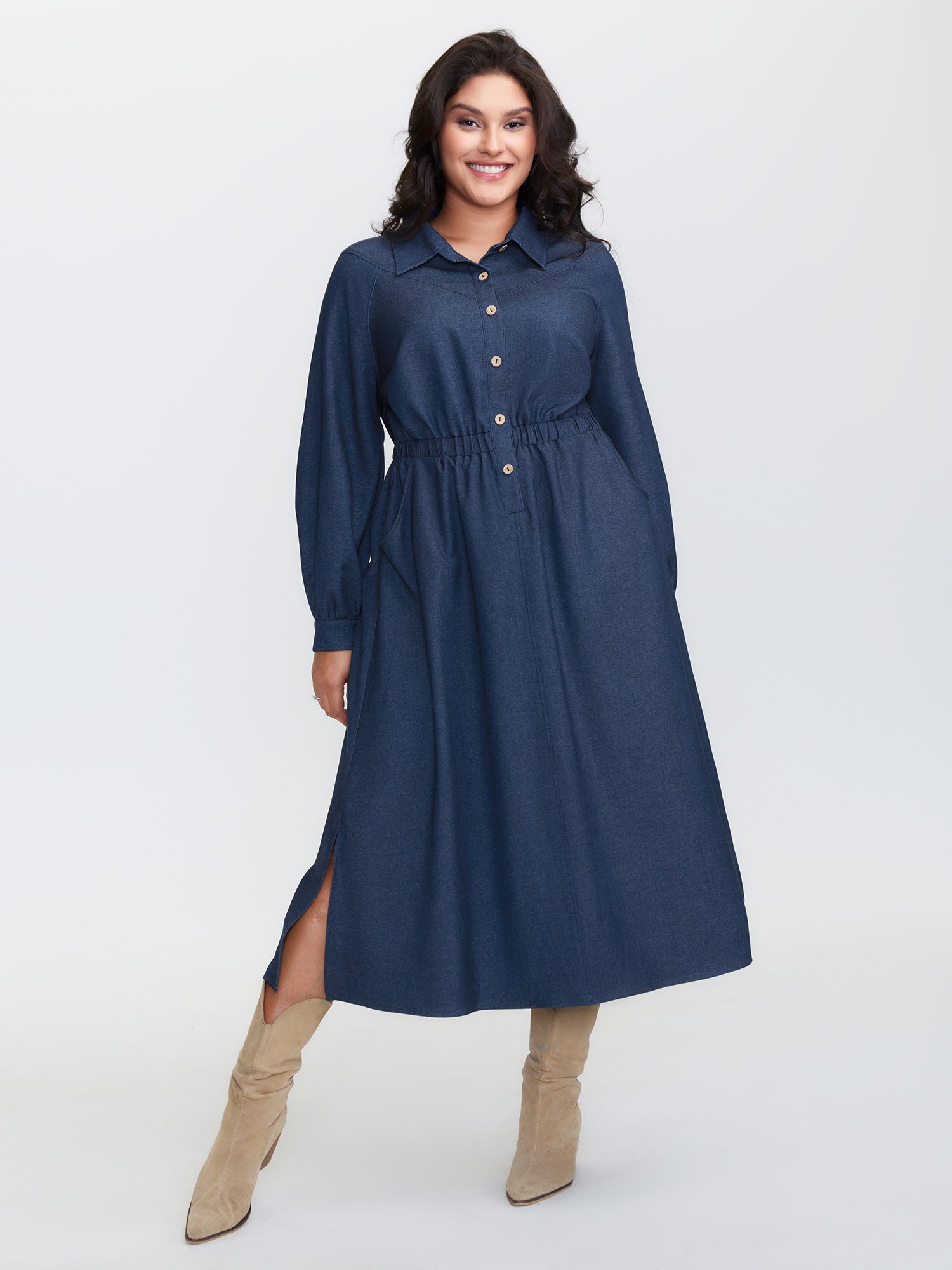 Stretchy Waist Slit Denim-Like Midi Dress