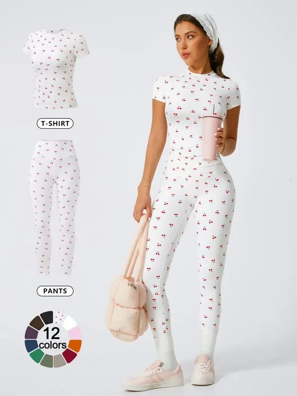 Women's Solid Short Sleeve Tee & Leggings Loungewear, Casual Comfy Round Neck Top & Skinny Pants PJ Set