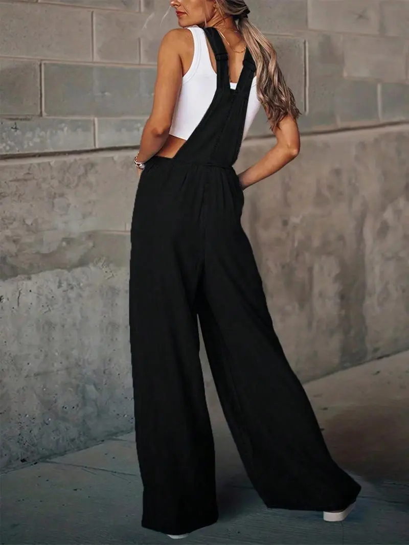 Women's Denim-Effect Print Plicated Wide Leg Overalls Jumpsuit