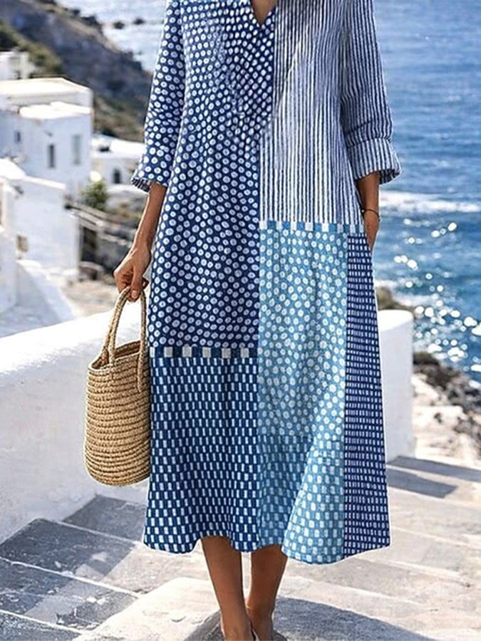 Women's Casual Cotton and Linen Geometric Pattern Printed Loose Short Sleeve Dress- Fast Shipping