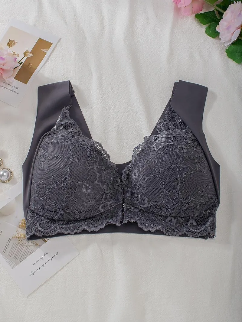 Women's Contrast Lace Hook & Eye Front PushUp Bra