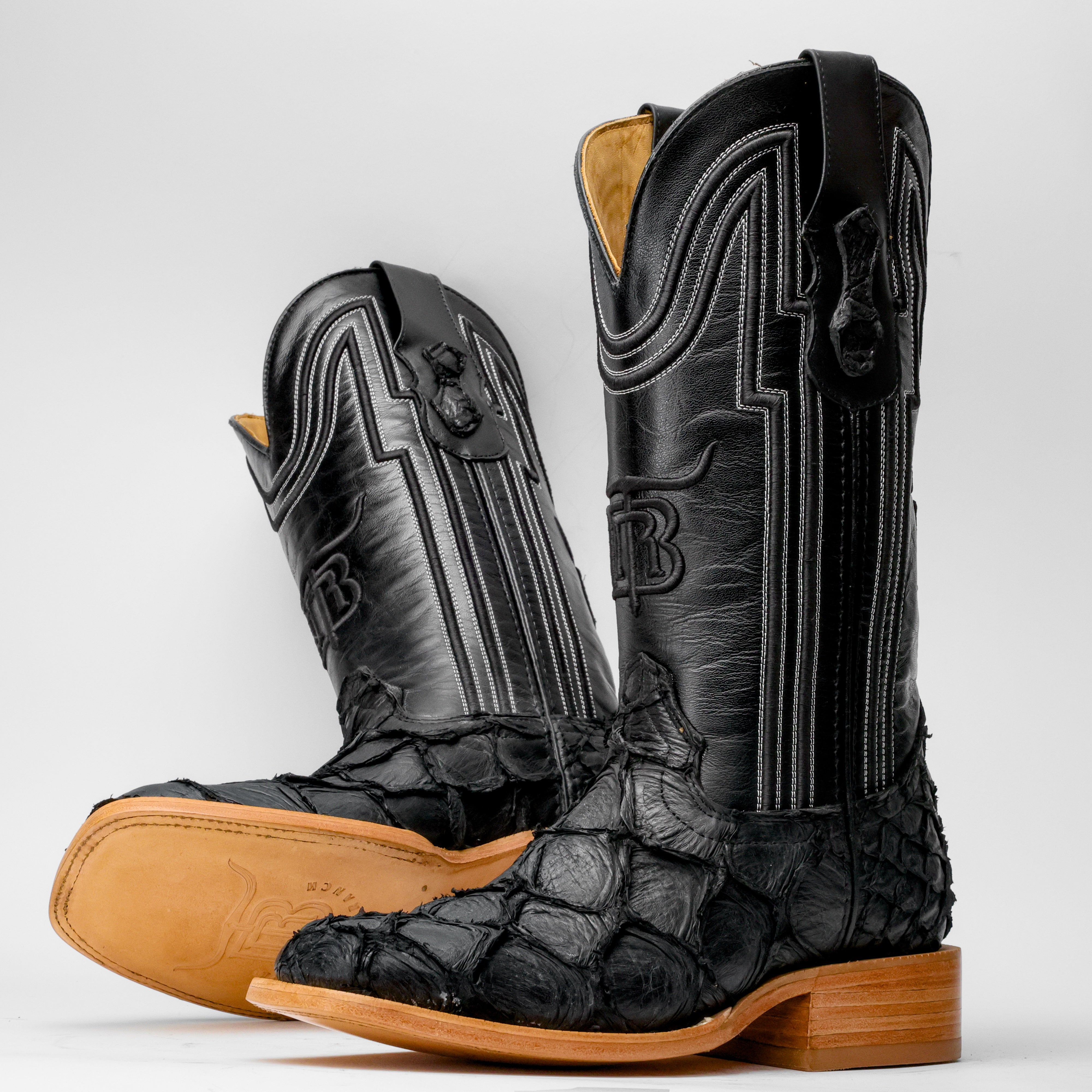 Matte Black Genuine Pirarucu Boots - Square Toe