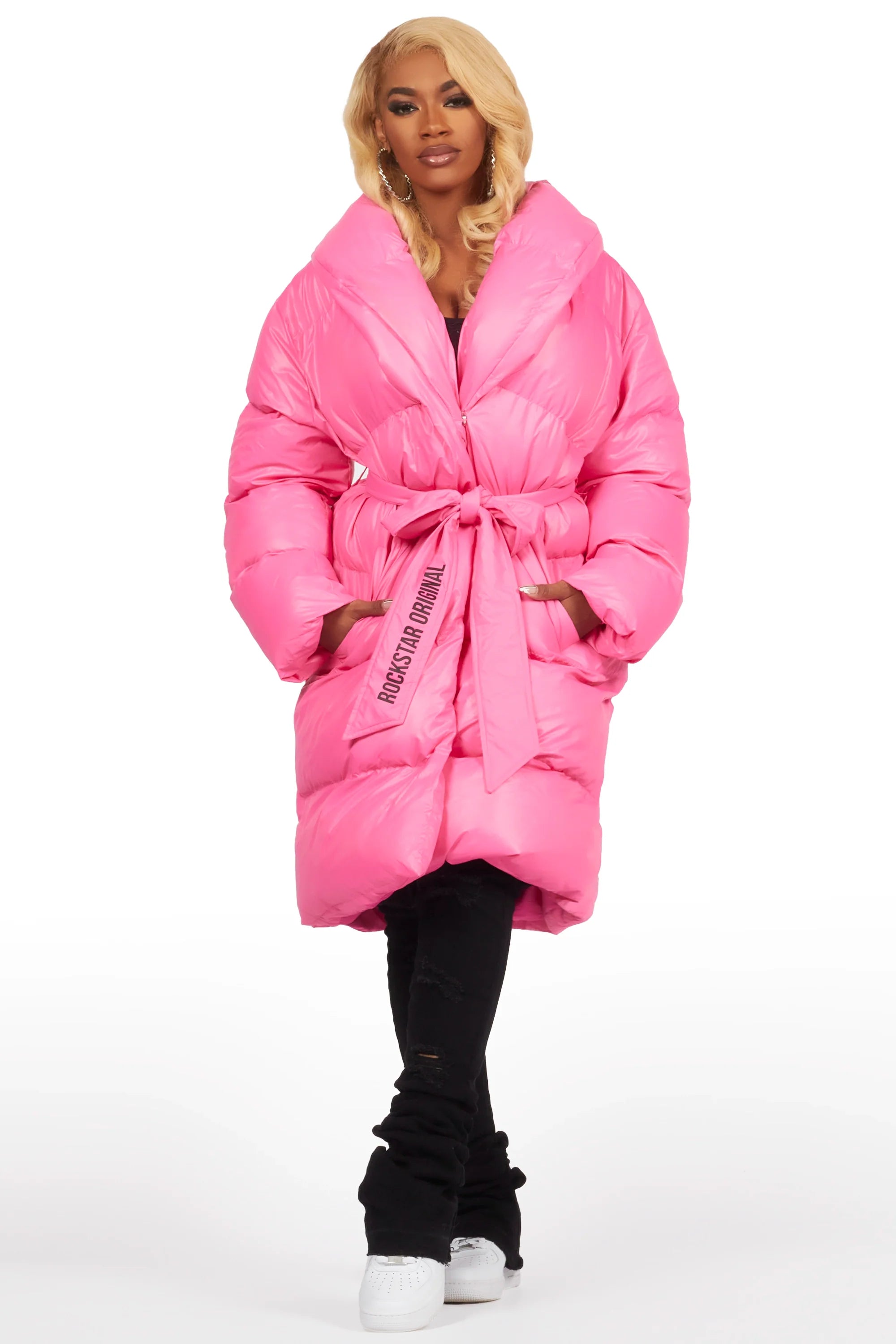 Sehrazat Hot Pink Long Wrap Puffer Jacket