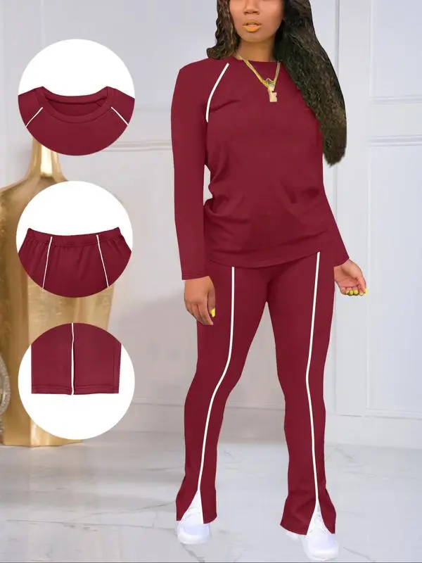 Women's Fashion New Round Neck Solid Color Patch Long Sleeve Top & Pants Set, Two-Piece for Casual Wear