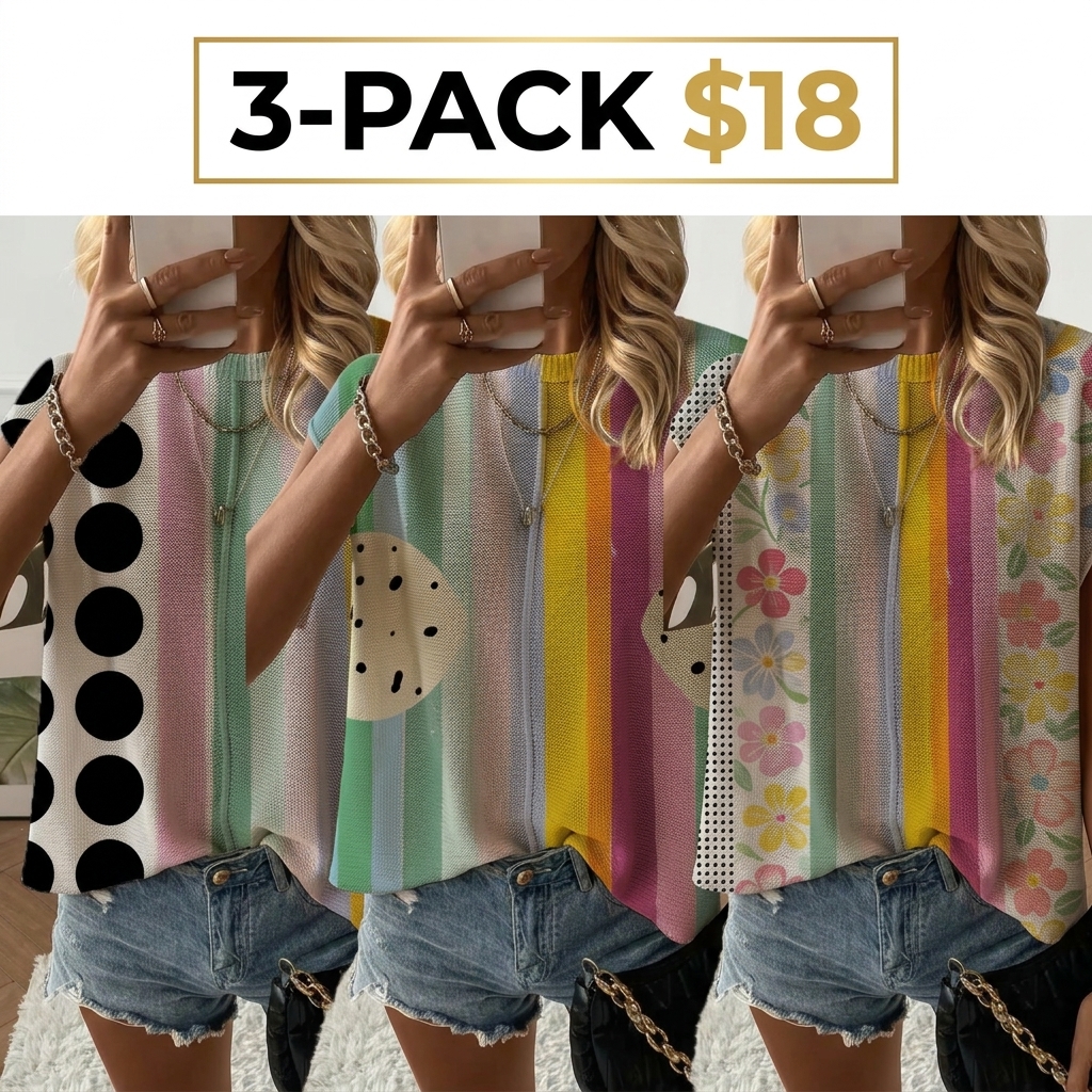 Spring/Summer crew neck drop-shoulder loose fit contrast stripe splicing print short-sleeve women's knit top