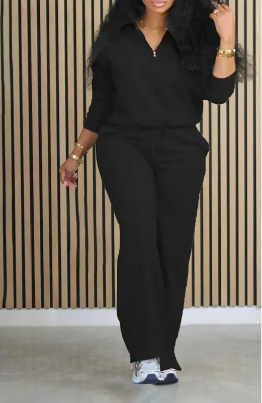 Women's Solid Half Placket Split Hem Pants Set