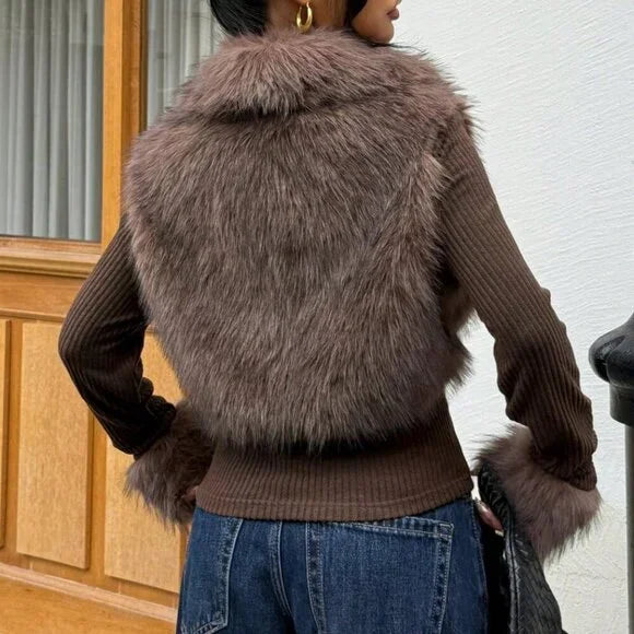 Women's Fashion Street Style Patchwork Knit Faux Fur Jacket, Zipper Long Sleeve Coat, Fall & Winter Thick Fabric, Casual Wear