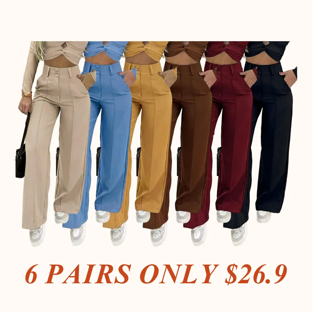 Women's Simple Wide-Leg Pants with Double Button Front