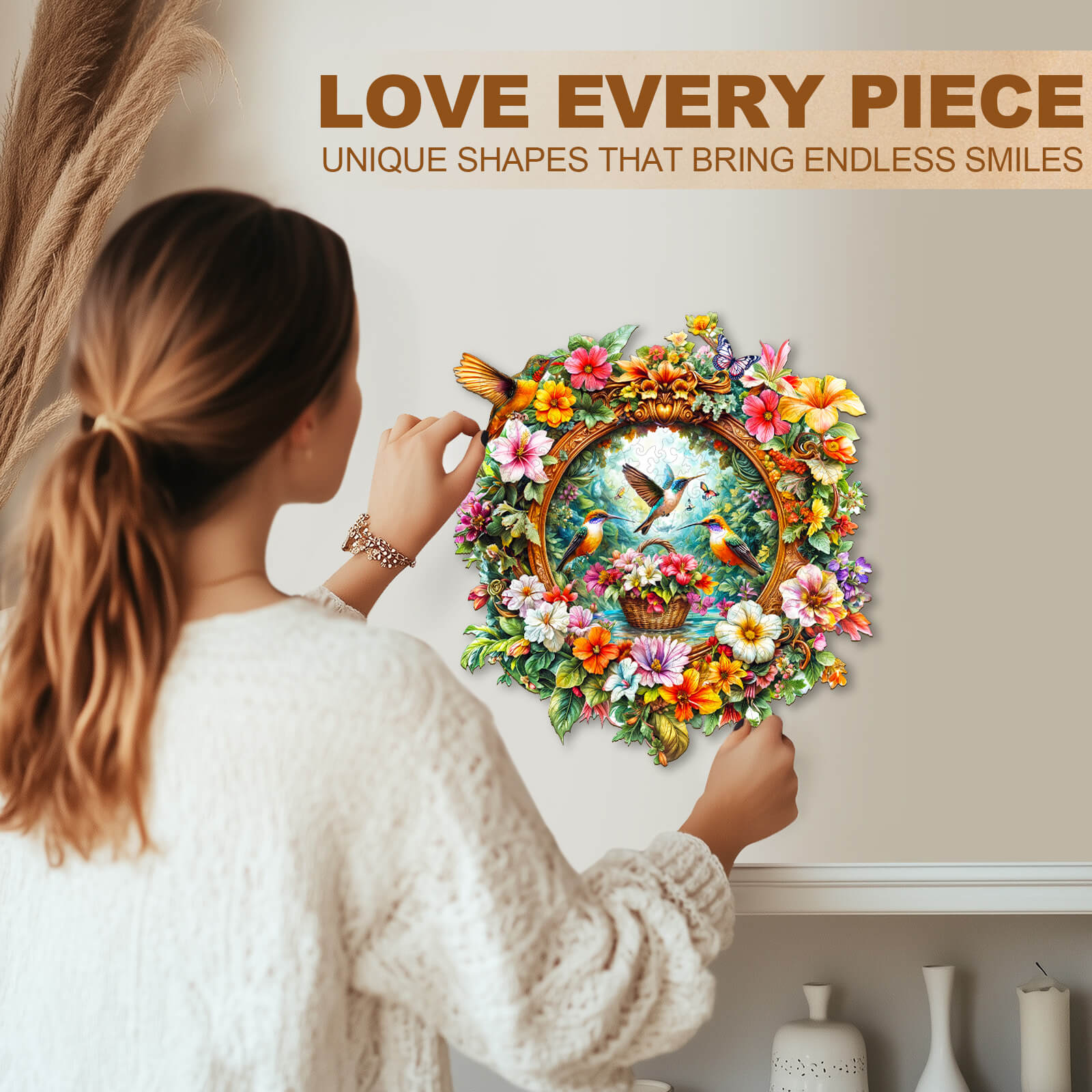 Hummingbird flower basket Wooden Jigsaw Puzzle