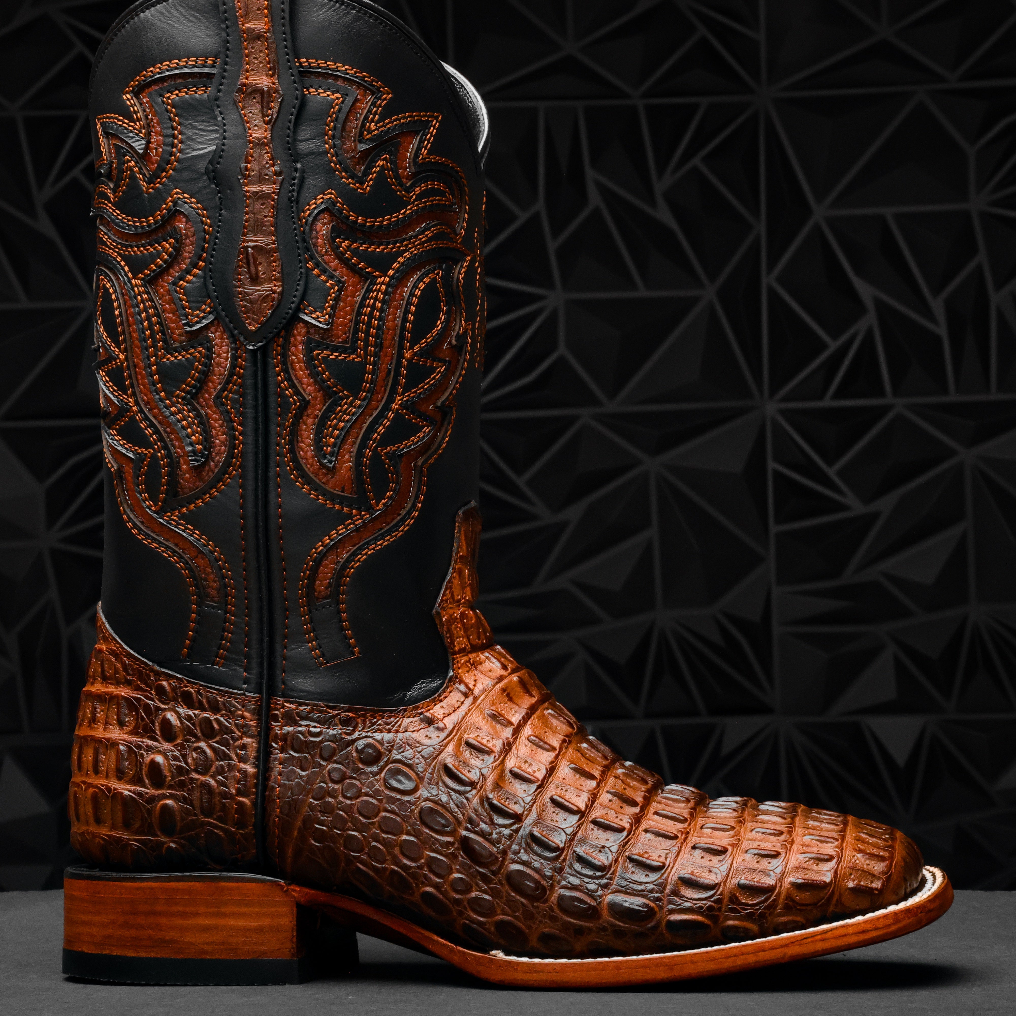 Metallic Cognac Caiman Hornback Leather Boots - Square Toe
