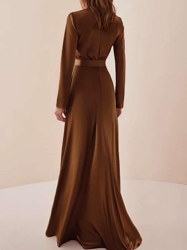 Long Sleeves Loose Pleated Shiny Solid Color Split-Joint Tied Waist High Neck Evening Dresses Maxi Dresses