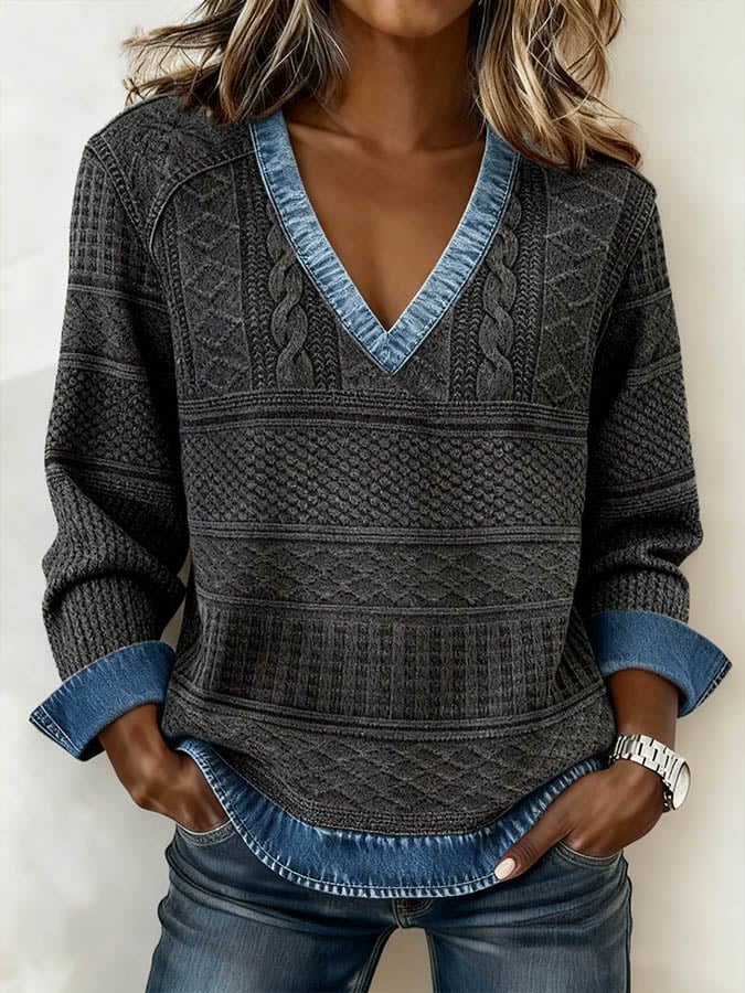 Women's Casual V Neck Denim Patchwork Print Pullover Top