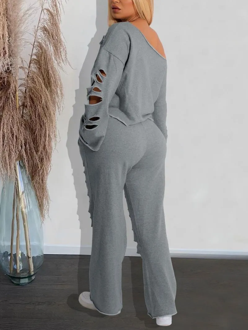 Women's Ripped Asymmetrical Neck Pullover & Wide Leg Pants Set